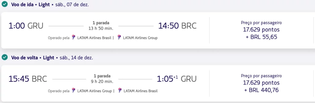 Passagem aérea promocional da LATAM de São Paulo (GRU) para Bariloche (BRC) com milhas e taxas reduzidas para dezembro.