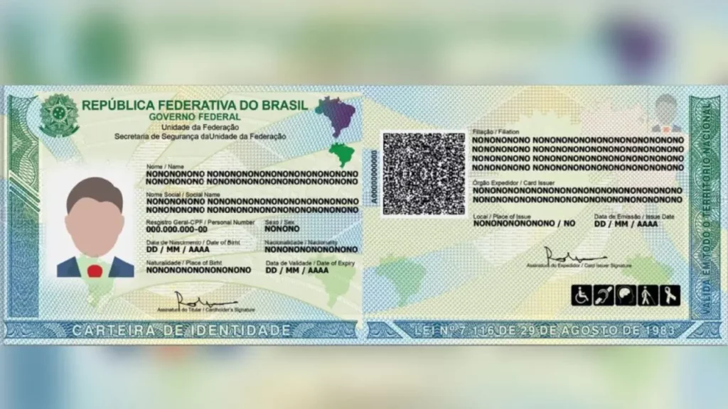 Imagem ilustrativa do novo modelo da Carteira de Identidade Nacional do Brasil, com informações pessoais fictícias e QR Code no centro.