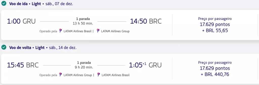 Passagem aérea promocional da LATAM de São Paulo (GRU) para Bariloche (BRC) com milhas e taxas reduzidas para dezembro.

