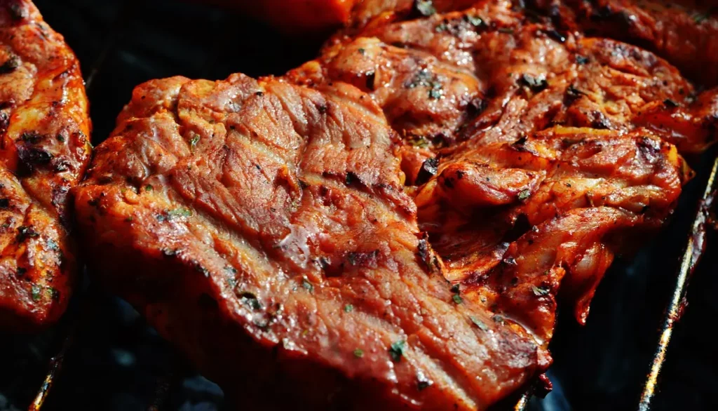 Close-up de uma carne suculenta grelhando, típica de um churrasco em Bariloche.