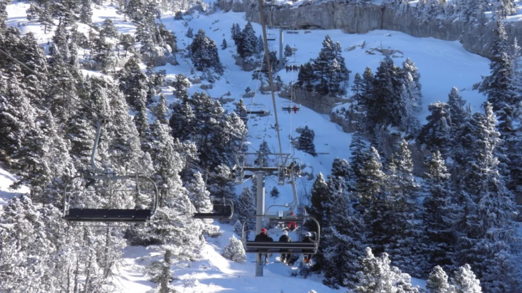 Teleférico subindo uma encosta montanhosa coberta de neve, cercada por árvores altas também nevadas, em um dia claro e ensolarado.