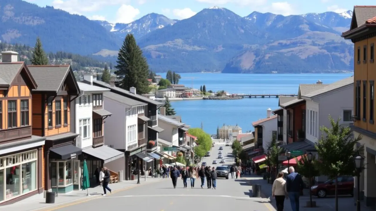 Rua central de Bariloche com vista para o Lago Nahuel Huapi.
